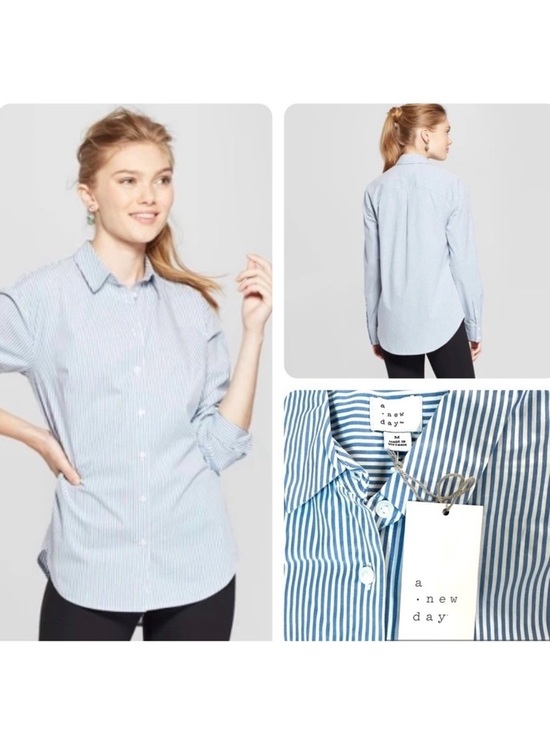 a new day Tops - Women’s Striped Long Sleeve Blue & White Cotton Shirt